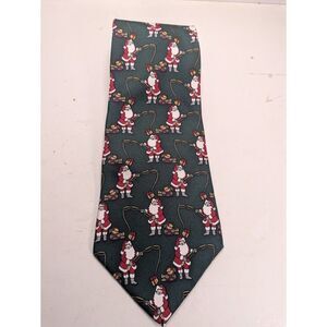 Christopher Hayes 100% Silk Santa Christmas Tie Dark Green Vintage Holiday